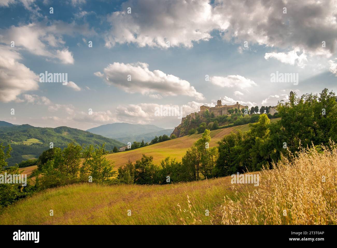 Ländliche Landschaft mit der Burg von Bardi. Provinz Parma, Emilia und Romagna, Italien. Stockfoto