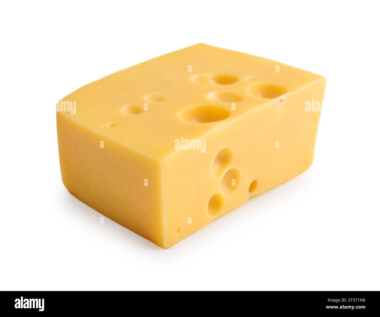 Käse mit großen und kleinen Löchern, isoliert auf weißem Hintergrund Stockfoto