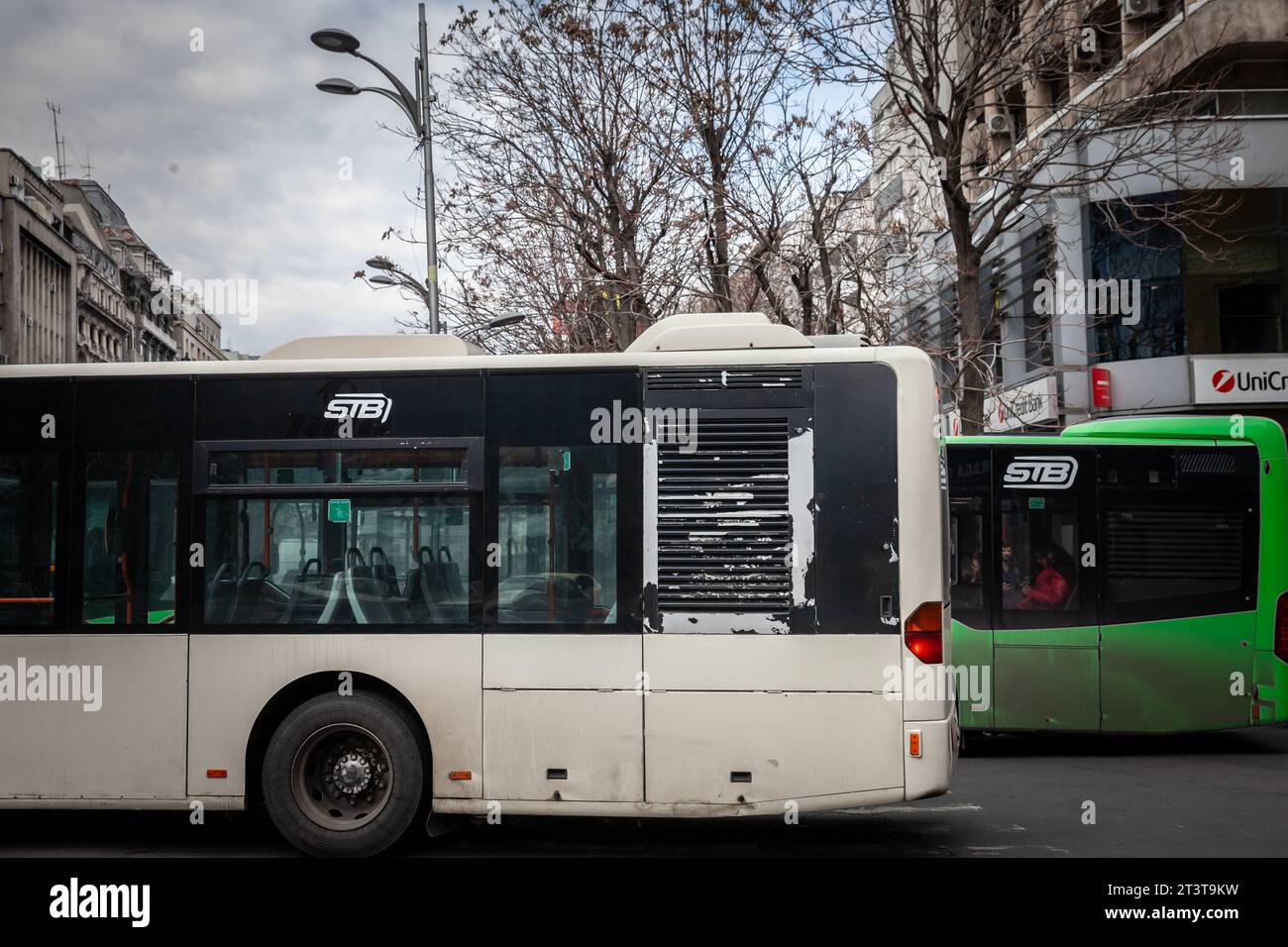 Bild der Busse von Bukarest mit dem Logo von STB Bucuresti. Societatea de Transport București ist eine der wichtigsten öffentlichen Verkehrsmittel in Bukarest, Stockfoto
