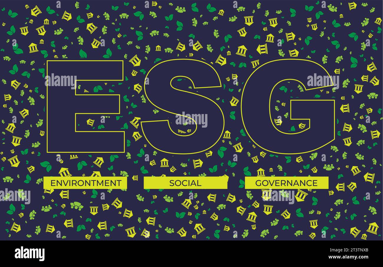 ESG-Text oder Umwelt Social Governance aus kleinen Symbolen oder Symbolen, die ESG erstellt haben. Stock Vektor