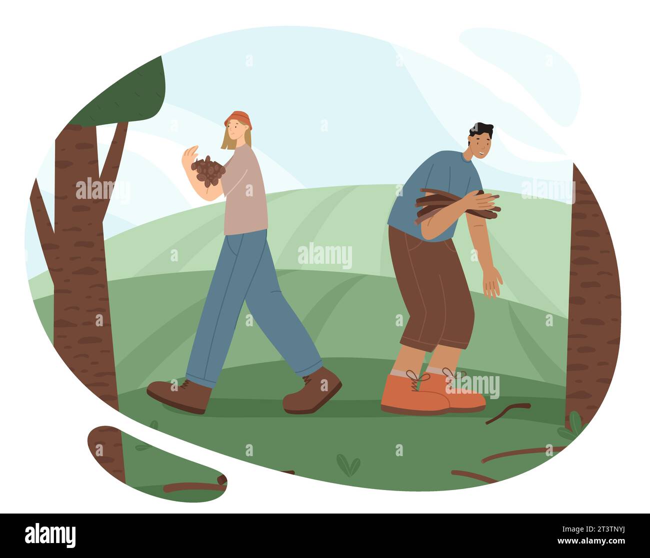 Wanderer sammeln trockene Äste für eine Brandvektorillustration. Das Konzept der Reisenden in der Wildnis. Abbildung für Webbanner auf weißem Hintergrund Stock Vektor