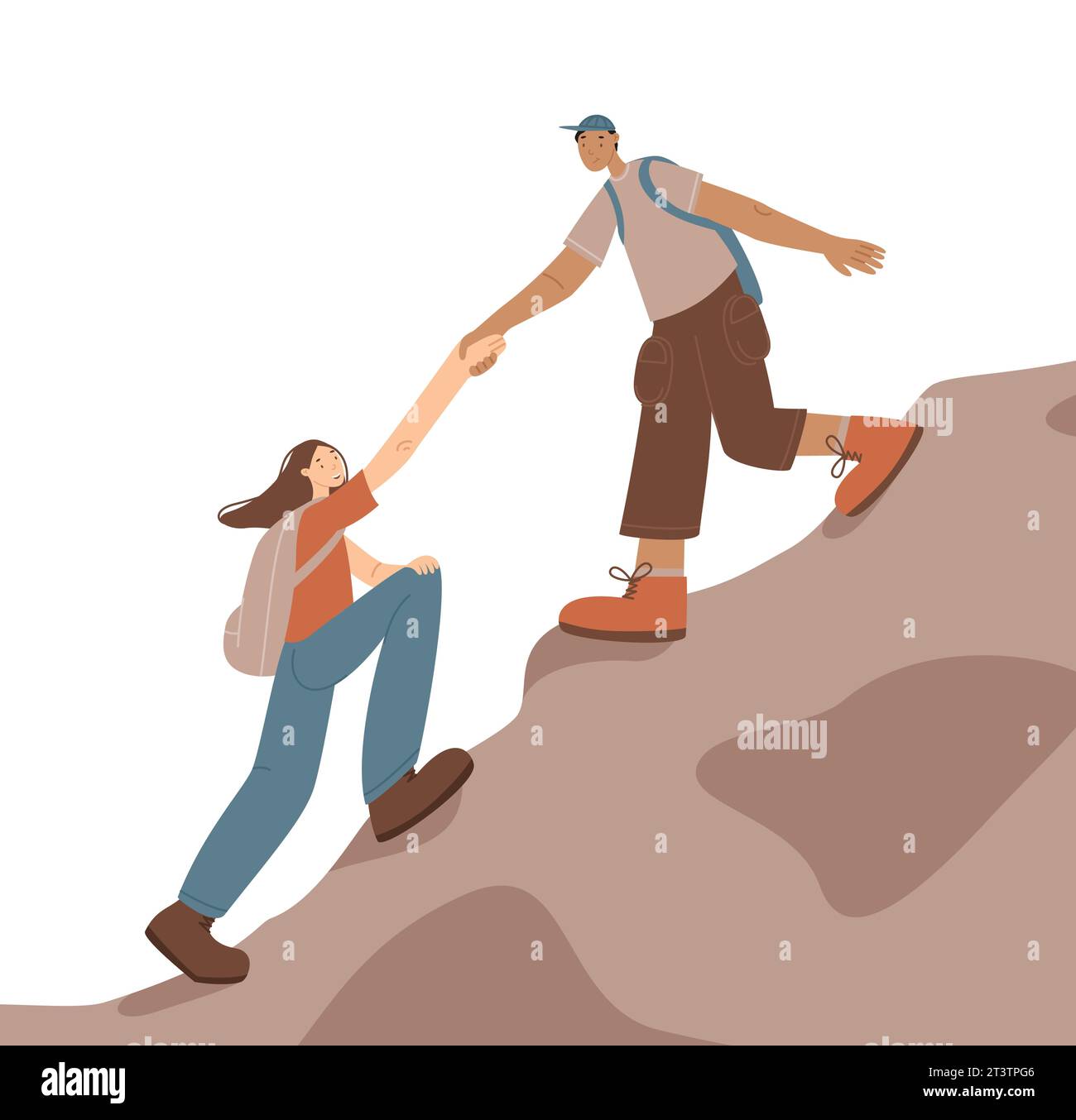 Glückliche Reisende klettern auf die Berge. Das Konzept von Helfen und Teamarbeit beim Wandern. Vektorillustration auf weißem Hintergrund isoliert. Mann und Frau in h Stock Vektor