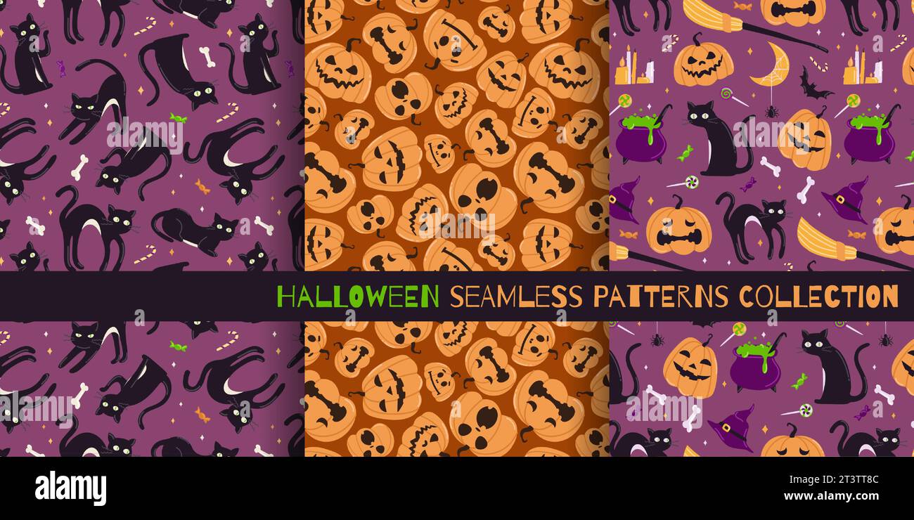 Halloween Seamless Patterns Kollektion. Verzierung mit Kürbissen mit verschiedenen Gesichtern und schwarzer Katze. Abbildung mit drei Vektoren Stock Vektor
