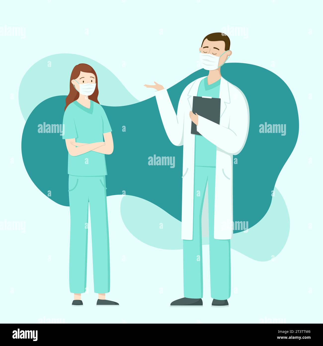 Ein Arzt in einer Schutzmaske berät eine Krankenschwester in einer Schutzmaske. Abstrakter Hintergrund der blauen Flecken. Vektorabbildung. Stock Vektor