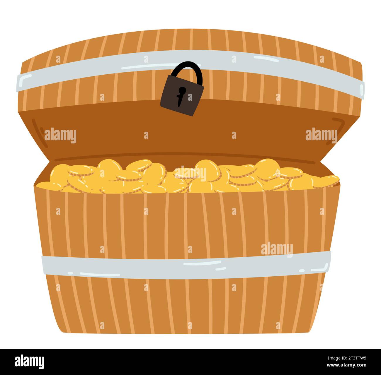 Vektor-Illustration einer offenen Schatzkiste. Piratenbeute. Goldmünzen in einer Schatzkiste. Piratenkonzept Vektorillustration isoliert auf weißem bac Stock Vektor
