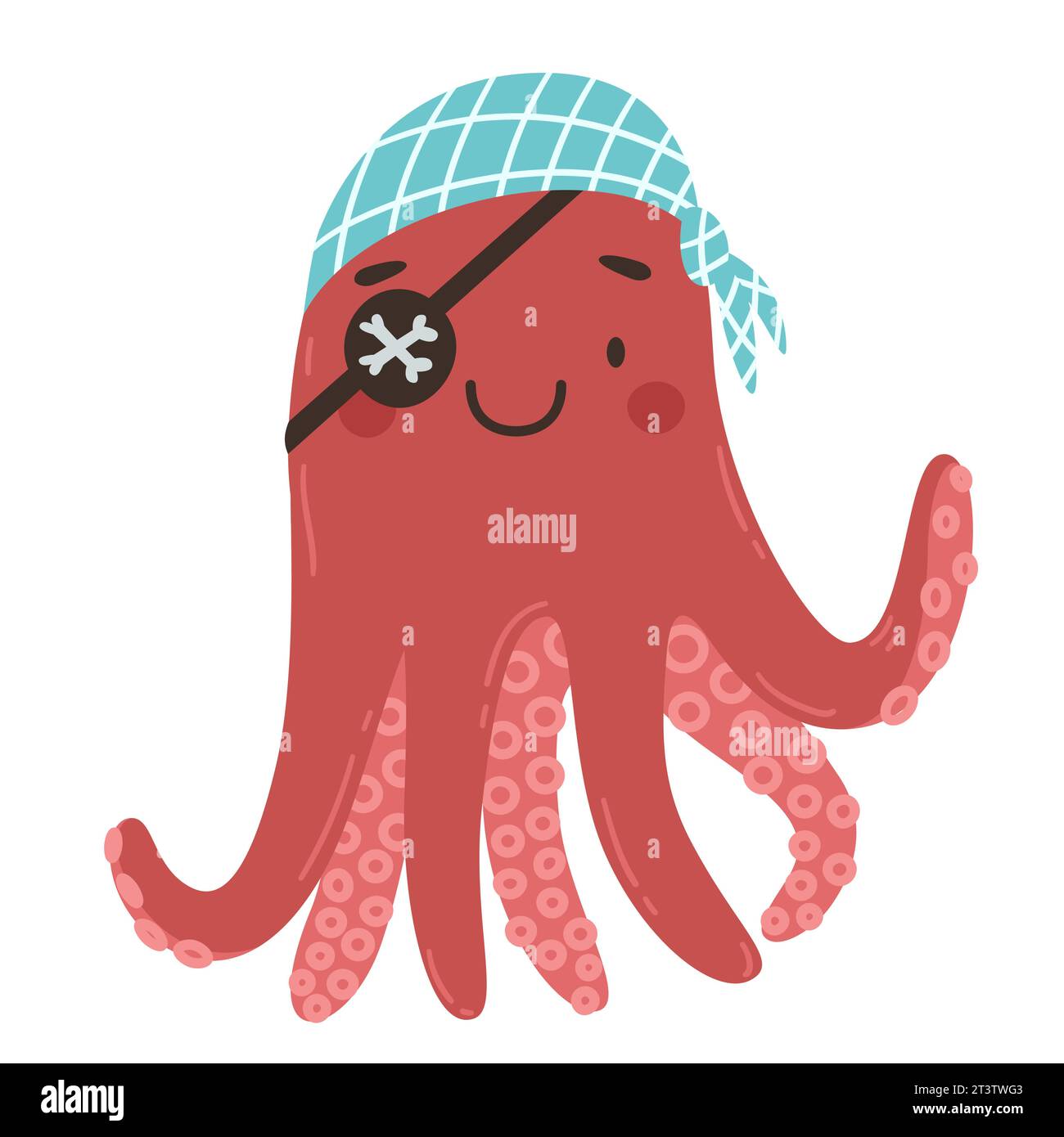 Niedlicher Karikatur-Piraten-Oktopus mit Augenklappe und Bandana. Illustration des Zeichentrickvektors. Postkarte, Poster, Einladung, Aufkleber. Stock Vektor
