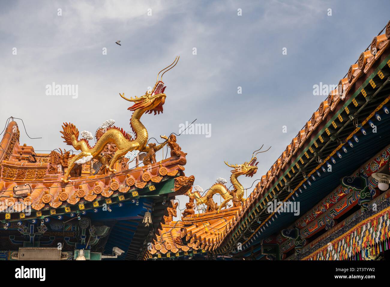 Die Drachendekorationen auf dem Dach des da Zhao oder Wuliang Tempels, einem tibetisch-buddhistischen Kloster des Gelugpa Ordens in Hohhot, Innere Mongolei, China. Stockfoto