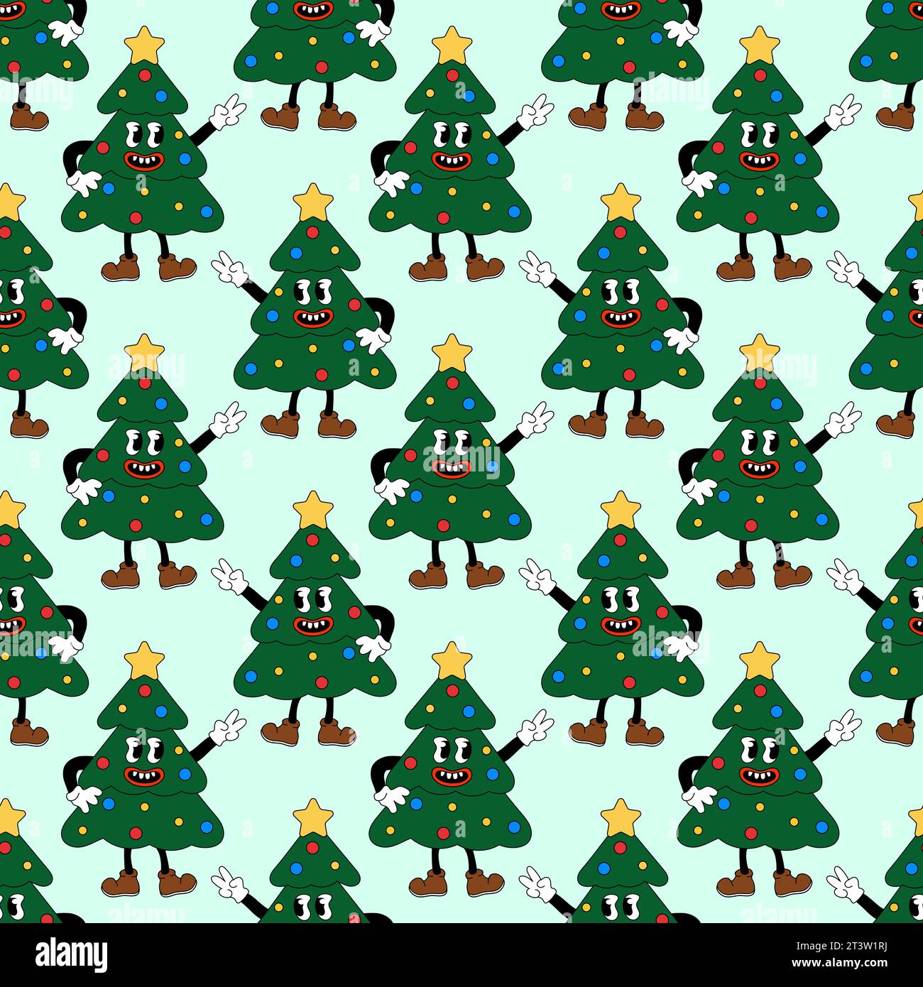 Retro 70er 60er 80er Jahre Hippie Groovy nahtloses Muster mit Weihnachtsbaumcharakter zeigen Zeichen Peace. Illustration der Vektorabwicklung. Stock Vektor