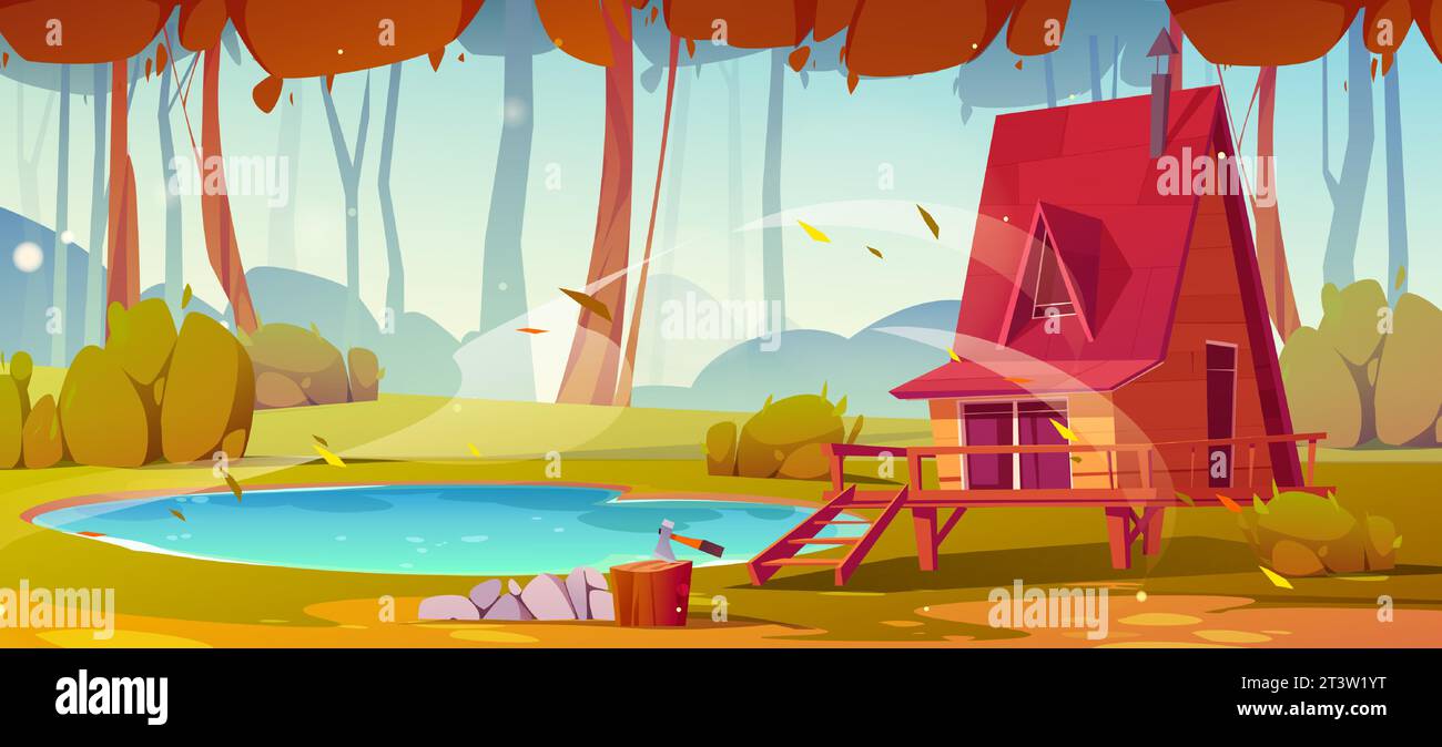 Hölzernes Kabinenhaus im Herbst Wald Vektor-Zeichentrickhintergrund. Tiefe Waldlandschaft mit See, fallenden Blättern und Hütte auf Wiese. Sonniges Herbstwetter mit Wind Natur Landschaft Umwelt Illustration Stock Vektor