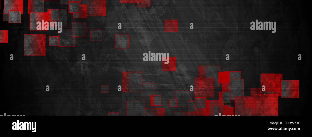 Schwarzes und rotes Grunge-Quadrat mit abstraktem Bannerdesign. Hintergrund des geometrischen Technikvektors Stock Vektor