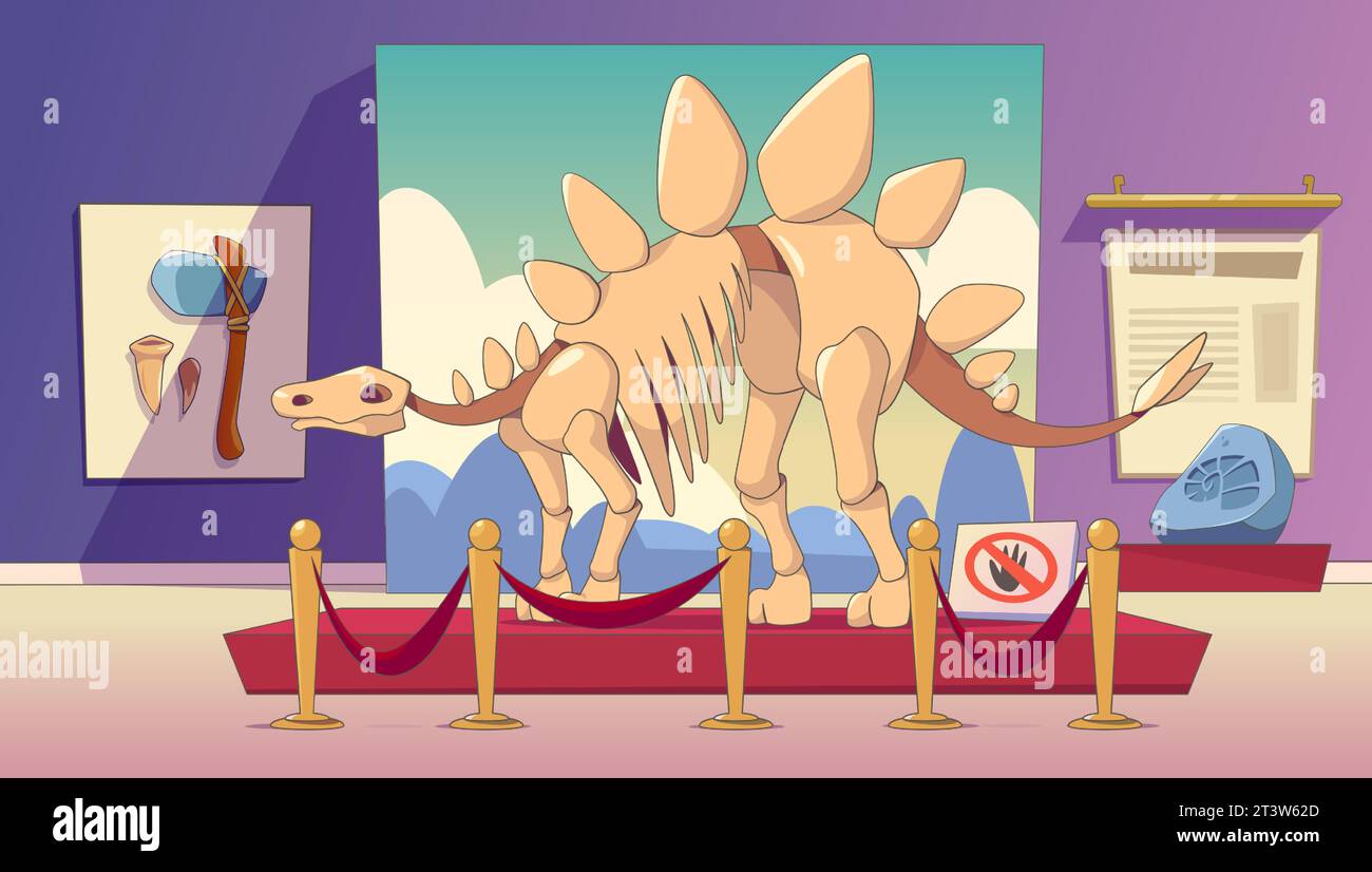 Archäologisches Museum Innenarchitektur. Zeitgenössische Vektorillustration des Dinosaurierskeletts auf Sockel, Steinzeitwerkzeuge, Felsen mit fossilem Fußabdruck bei Ausstellung, Wissenschaftsausbildung, Evolutionsartefakte Stock Vektor
