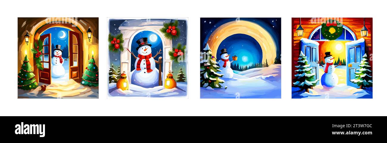 Banner-Set Weihnachtsgrüßkarte, offene Tür im Winter und Schneemann, Vektor-Illustration Stock Vektor