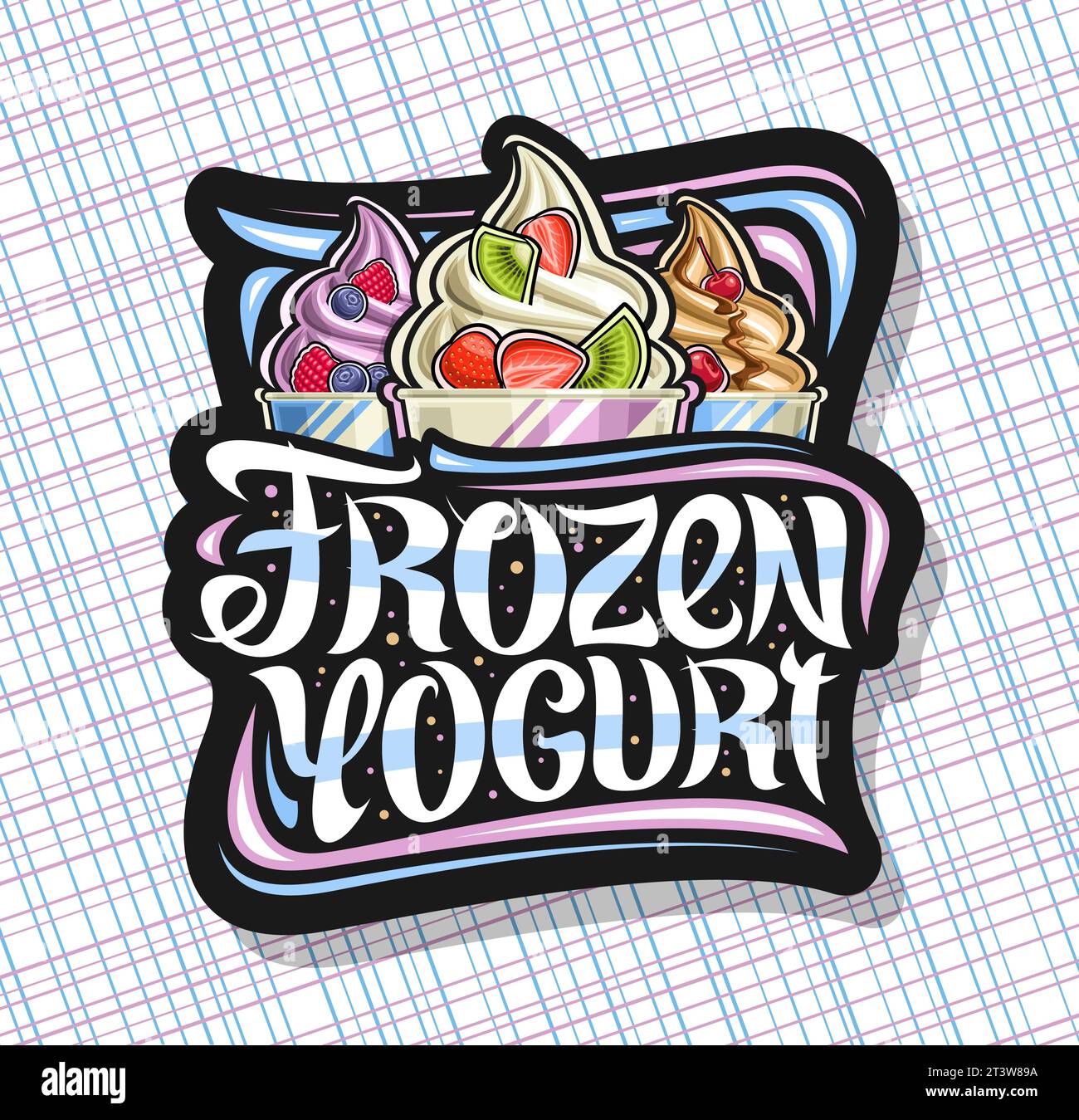 Vektor-Logo für gefrorenen Joghurt, schwarze dekorative Schild mit Illustration von drei verschiedenen bunten Eis mit frischen Obstscheiben in Papier tu Stock Vektor