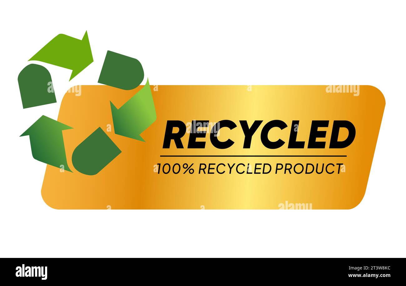 Etikett mit goldenem Pfeil, Kreis mit recyceltem Produkt zu 100 % recyceltem Recycling Stock Vektor