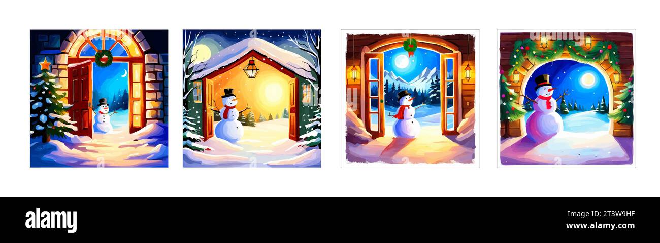 Banner-Set Weihnachtsgrüßkarte, offene Tür im Winter und Schneemann, Vektor-Illustration Stock Vektor