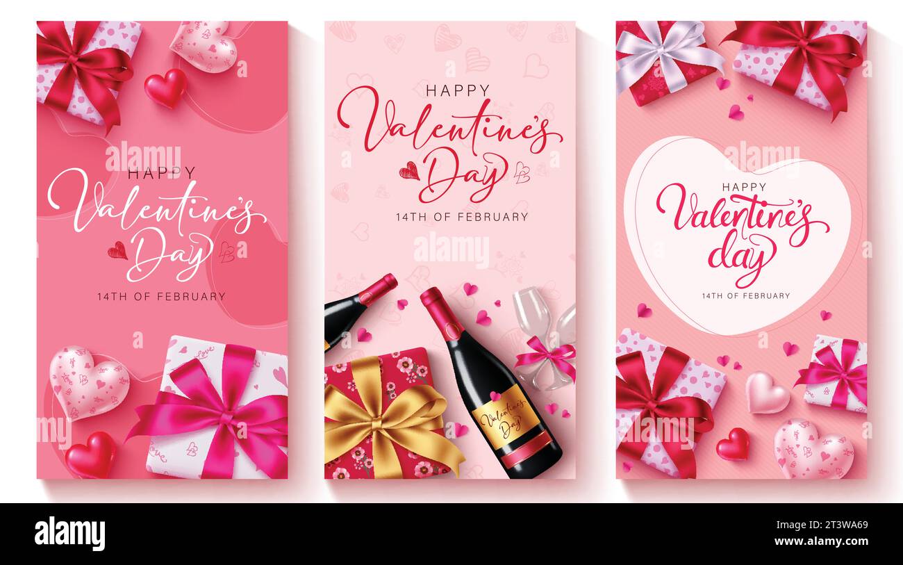 Happy valentine's Day Text Vektor Poster Set. Valentinstag Geschenkanhänger und Grußkarten mit Geschenkbox und Weindekorationselement Stock Vektor