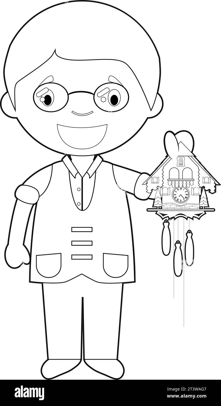 Leicht färbende Uhrmacher-Zeichentrickfigur aus der Schweiz mit Kuckucksuhr. Vektorabbildung. Stock Vektor