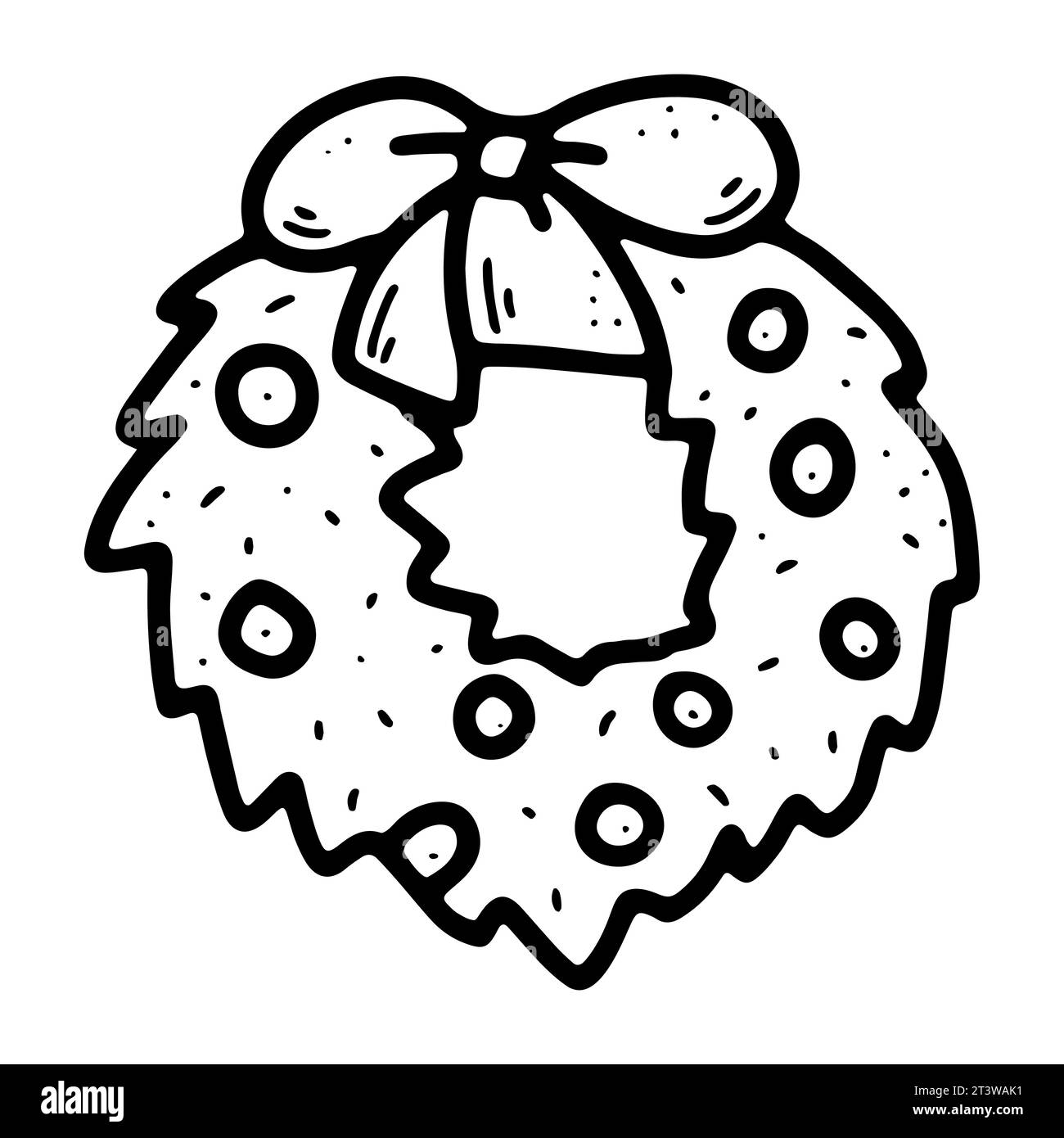 Vektor gemütliche Doodle Frohe Weihnachtskranz Illustration. Handgezeichneter Firtree auf weißem Hintergrund. Skizzieren Sie den skandinavischen Advent mit Bälle, Schleife. Neujahr, Stock Vektor