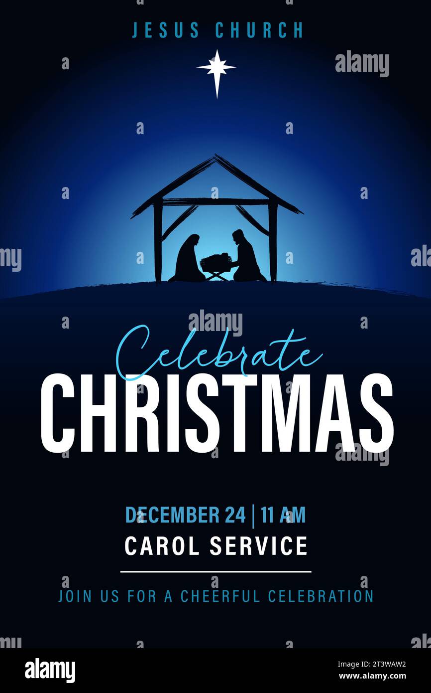 Feiern Sie Weihnachten, Kircheninsta Vorlagen. Vektorkonzept der Heiligen Nacht mit Jesus in der Krippe, Maria und Josef zur kirchlichen Weihnachtseinladung Stock Vektor