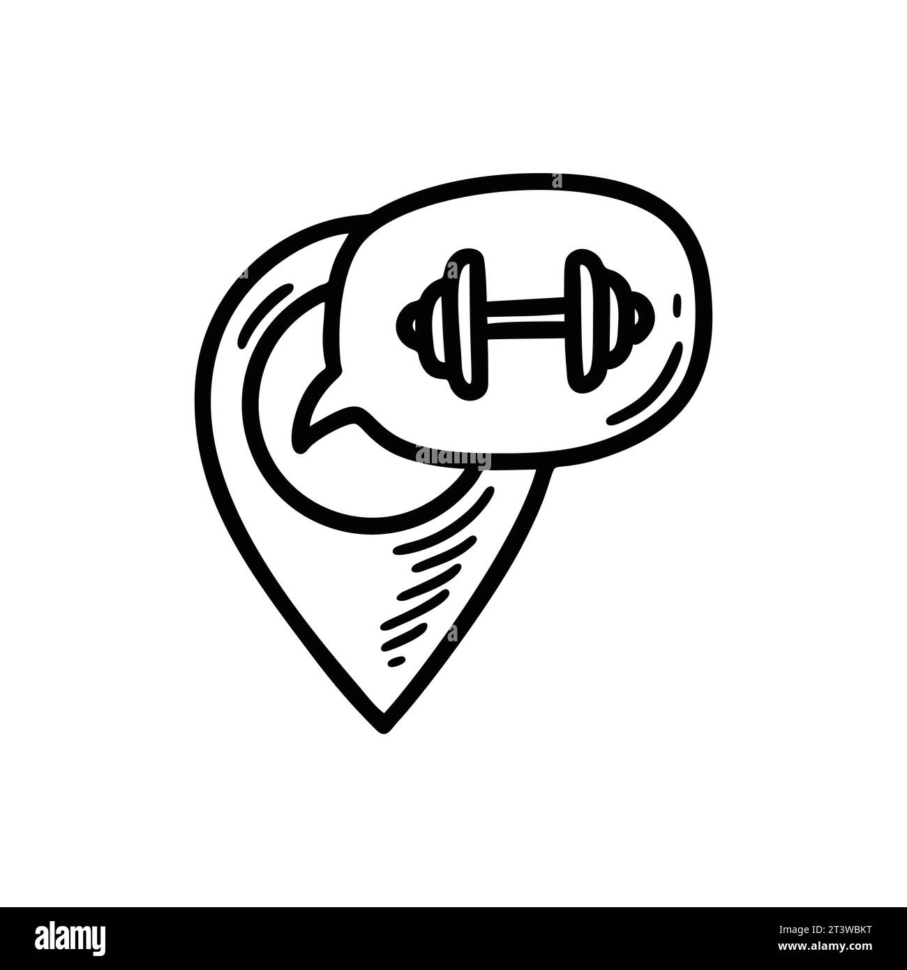 Doodle Gym Karte Pin Symbol. Sportsalon. Handgezeichnete Vektorgrafik. Geo-Position des Fitnesscenters. Stock Vektor