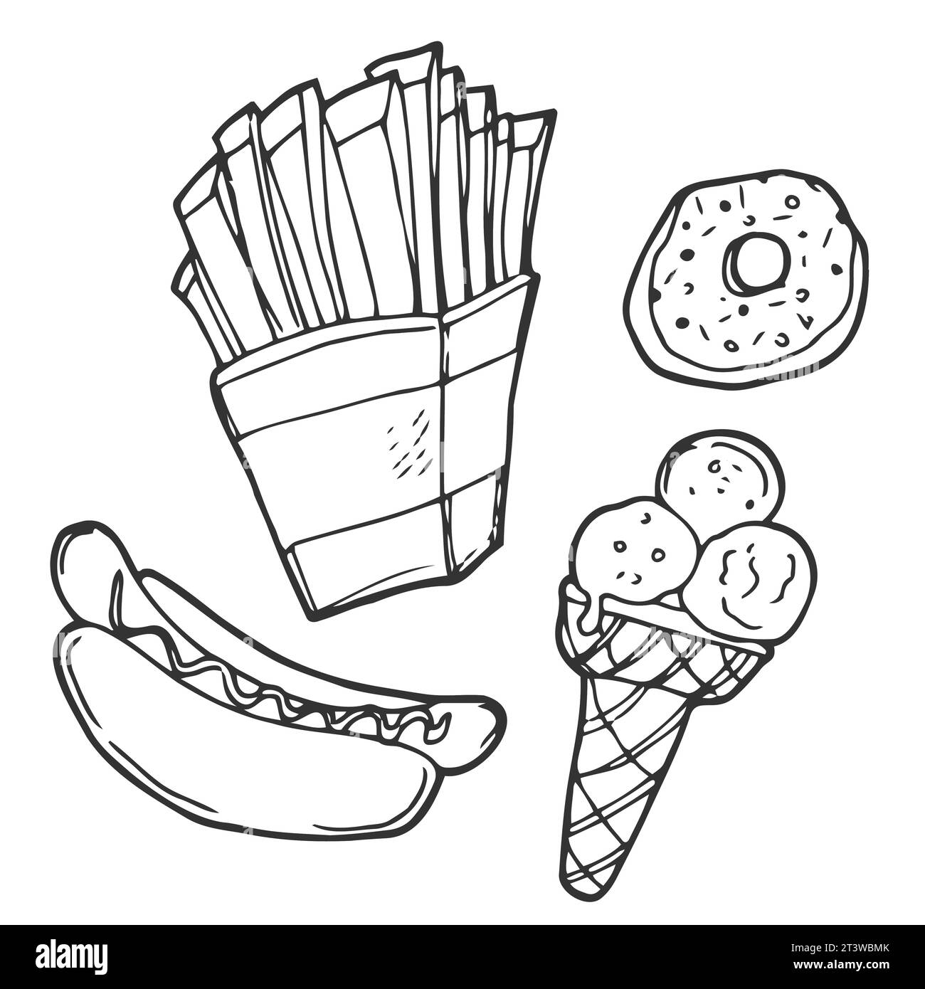 Fastfood-Doodle-Set. Vektorlinienskizze in Linie eps 10 Stock Vektor