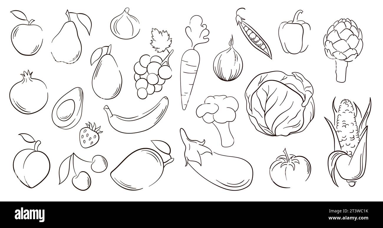 Gemüse und Obst im Line Art Stil. Große Auswahl an handgezogenem Gemüse, Obst und Beeren. Vektorillustration auf weißem Hintergrund isoliert. Stock Vektor