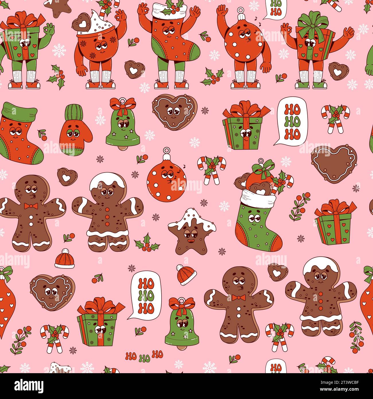 Grooviger Hippie Retro Weihnachten festliches nahtloses Muster mit Zeichentrickfiguren Geschenke, Strumpf, Lebkuchen, Weihnachtsball, Glocke auf rosa Hintergrund. Fröhlich Stock Vektor