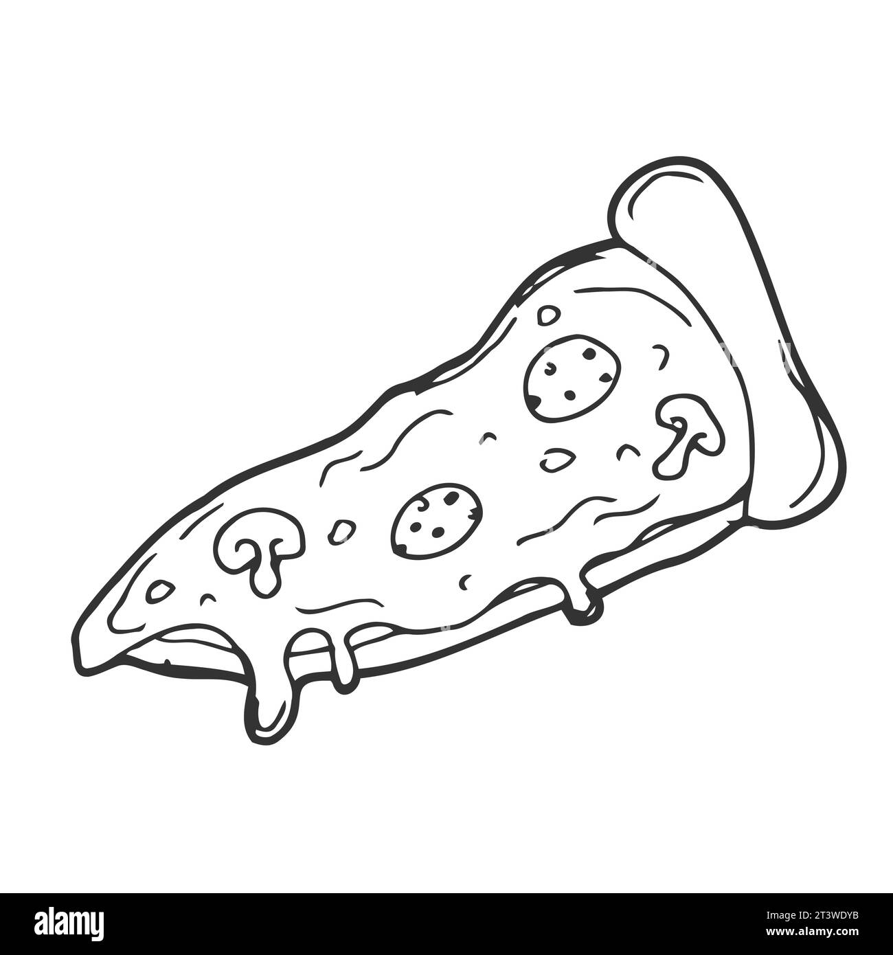 Vector Illustration. Pizza mit geschmolzenem Käse und Salami. Hand gezeichnet Doodle. Cartoon Skizze. Dekoration für Grußkarten, Poster, Embleme Stock Vektor