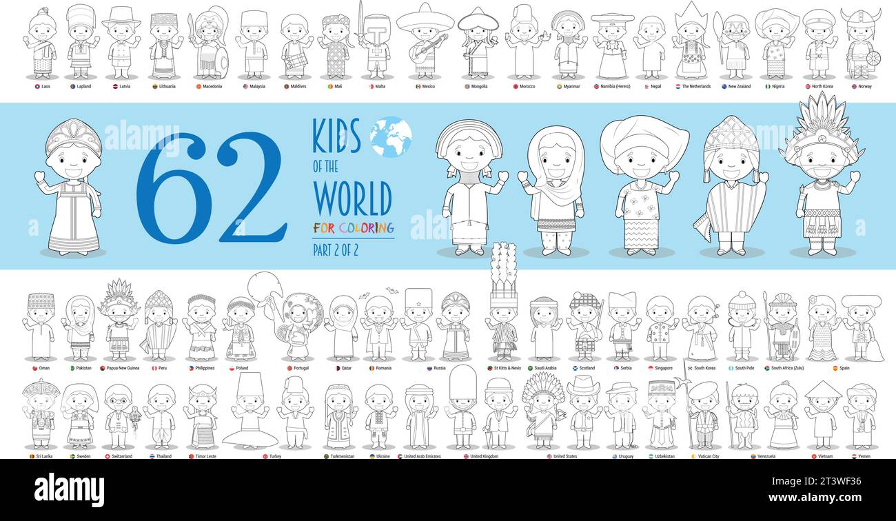 Kids of the World Vector Characters Collection Teil 2: Set mit 62 Kindern verschiedener Nationalitäten zum Färben im Cartoon-Stil. Stock Vektor