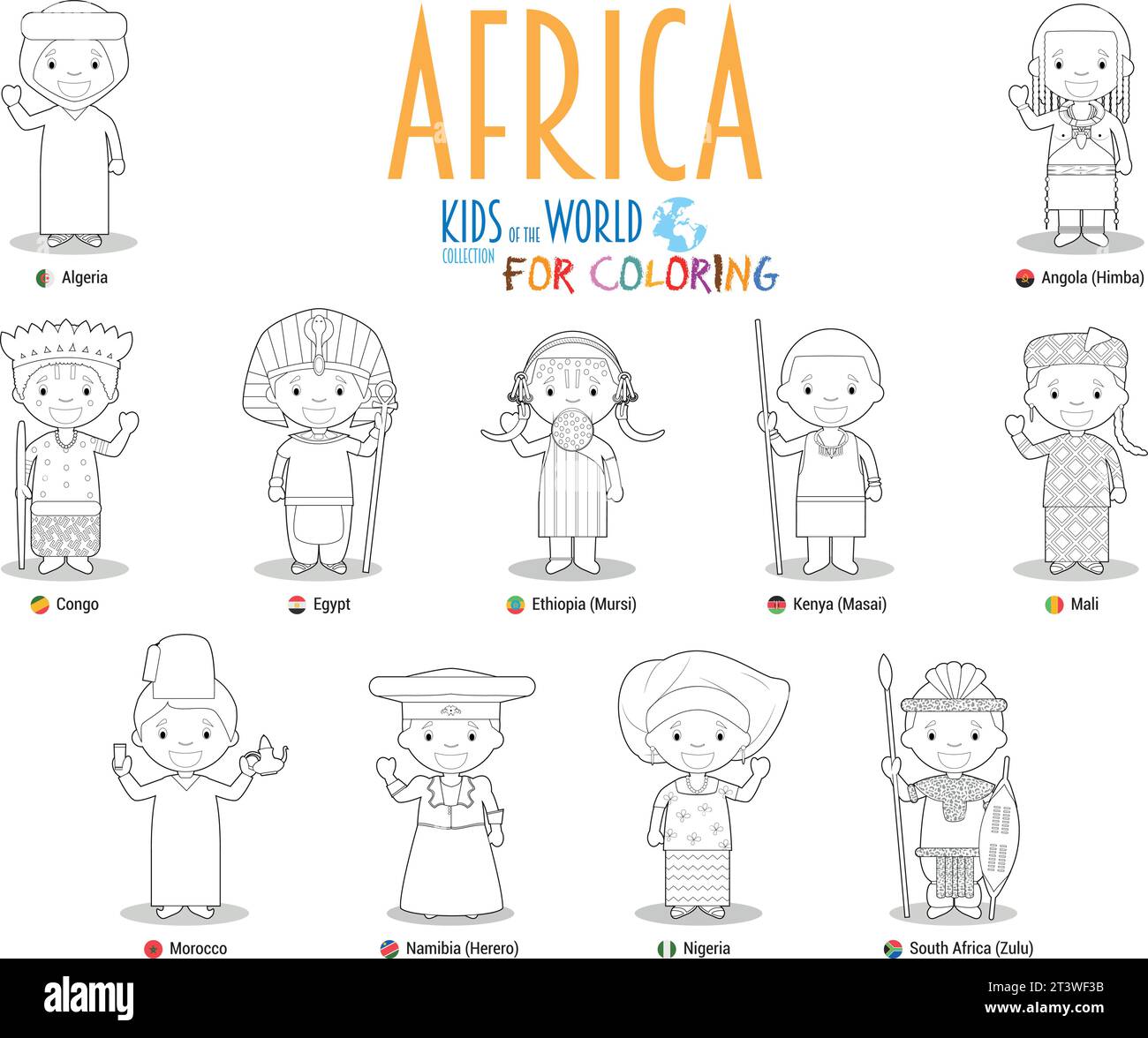 Kinder und Nationalitäten der Welt Vektor: Afrika. Set mit 11 Zeichen zum Färben in verschiedenen nationalen Kostümen. Stock Vektor