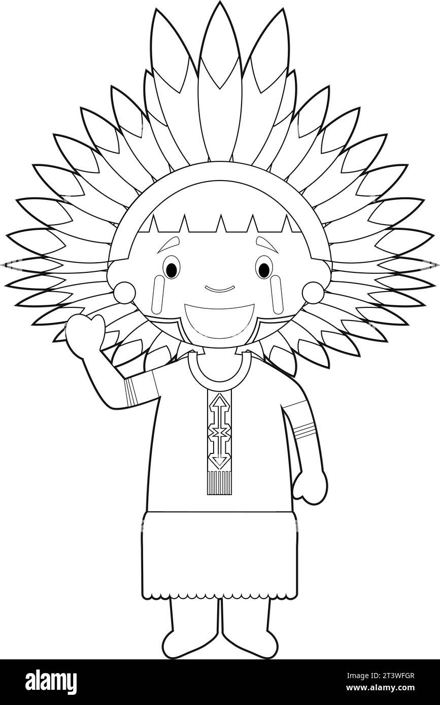 Einfache Färbung Zeichentrickfigur aus der Amazonasregion in Brasilien und Venezuela in der traditionellen Art und Weise gekleidet Vektor Illustration. Stock Vektor