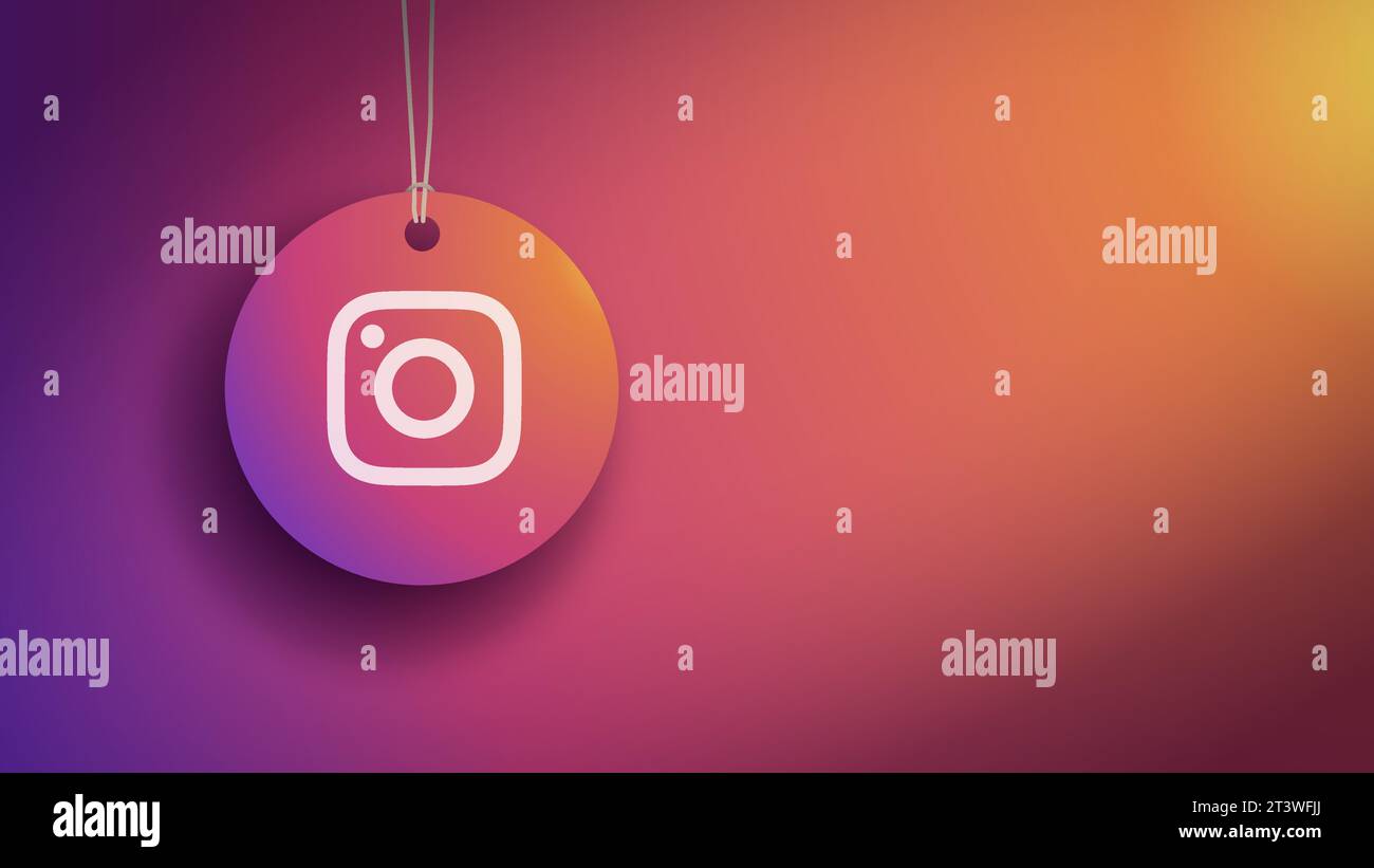 Instagram-Bannervorlage. Rundes Tag mit Instagram-Logo innen. Übersichtliches Design mit Kopierraum für Ihre Kontaktinformationen. Für „Finden Sie uns in instagram“. Stock Vektor