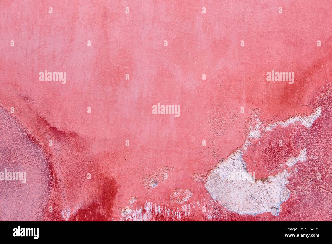 Feuchte Flecken an einer roten Wand. Hausbeschädigung und Renovierung Stockfoto