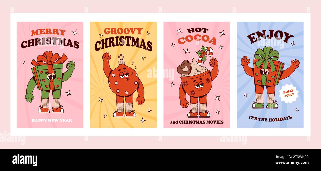 Weihnachtliche Poster-Set. Retro-Zeichentrickfiguren Neujahrsbaumkugel, heißer Kakaobecher und lustiges Geschenk. Vibes Vektor-Grußkarten. Niedliches Maskottchen Stock Vektor