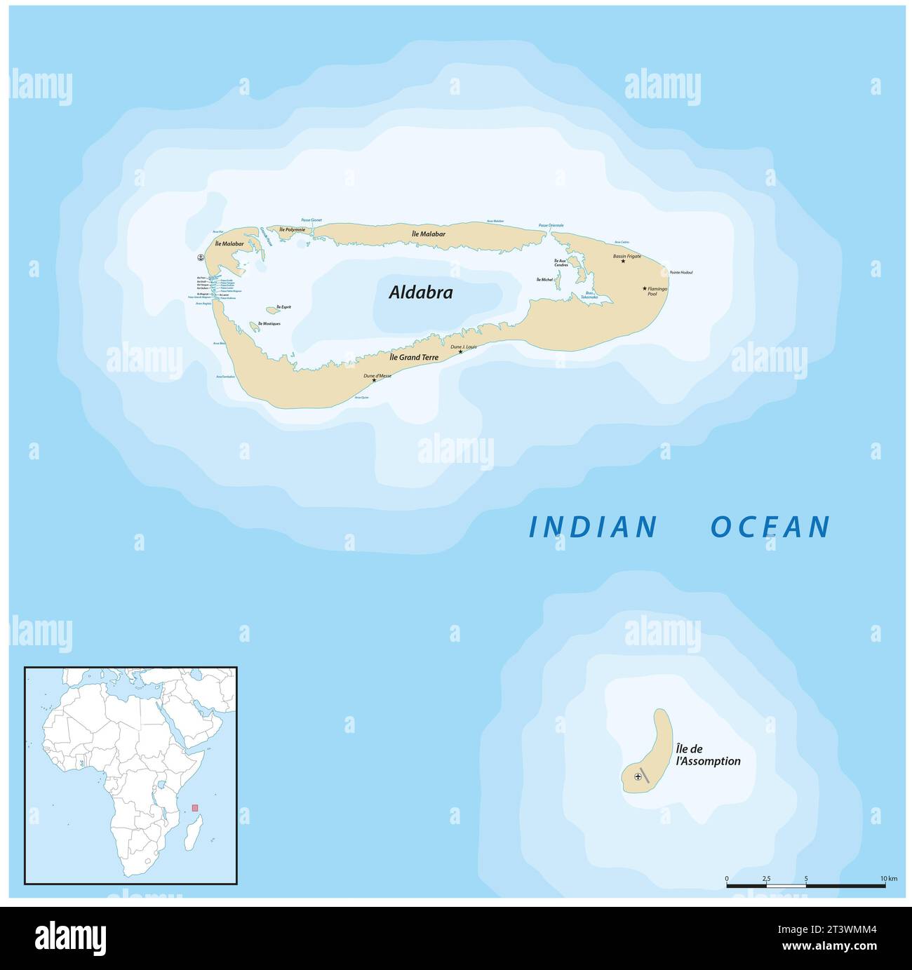 Karte des Aldabra Atolls im Südwesten der Seychellen Stockfoto