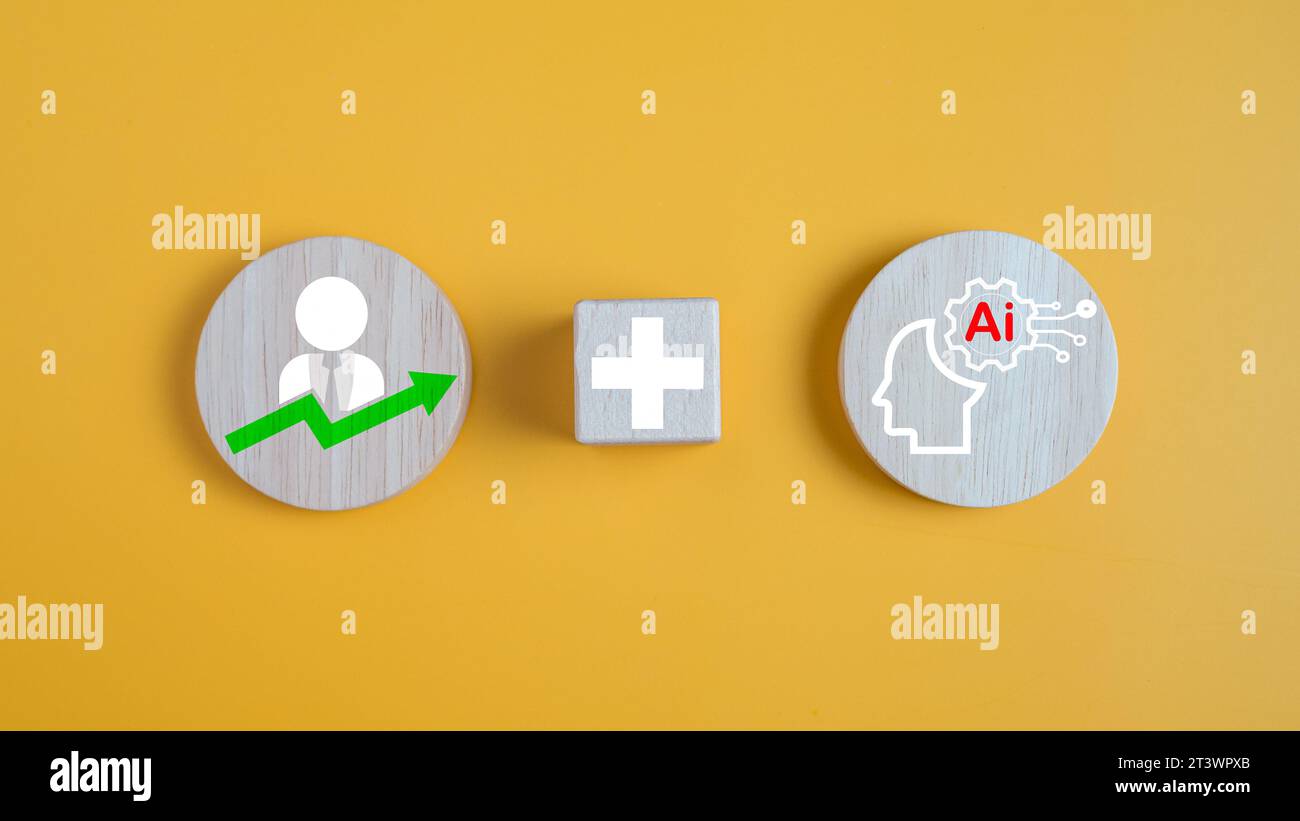 Kreisförmige Holzdielen, die auf gelbem Hintergrund miteinander verbunden sind. Zeigt das Konzept der Verwendung künstlicher Intelligenzsysteme, um das Wachstum von Unternehmen zu fördern Stockfoto