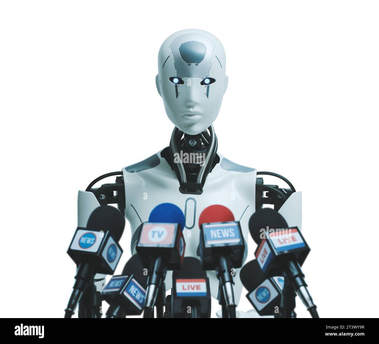 Android-KI-Roboter auf der Pressekonferenz: Künstliche Intelligenz, Robotik und Politikkonzept Stockfoto