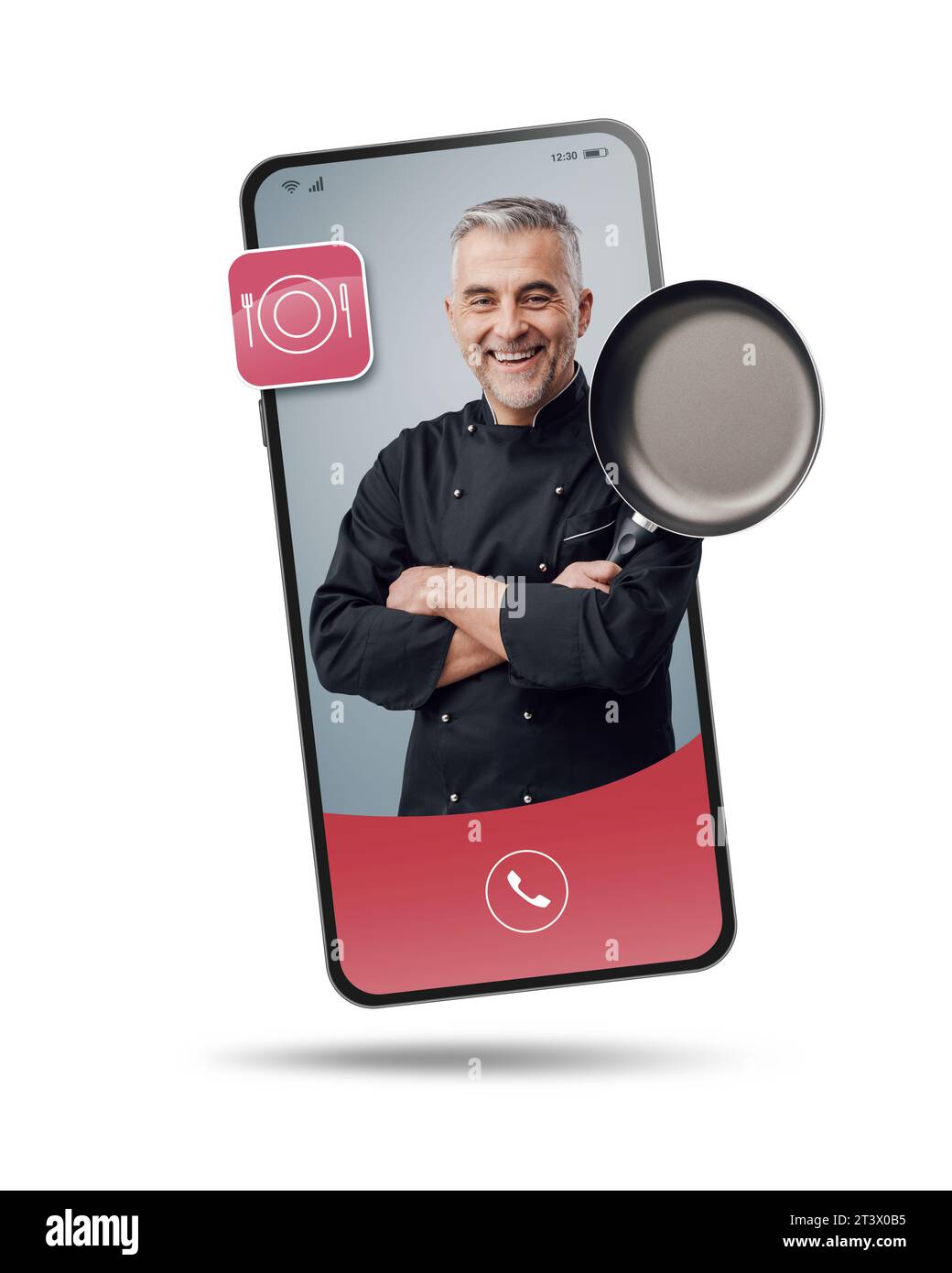 Videoaufnahmen des Küchenchefs auf dem Smartphone-Bildschirm, persönlicher Chefkoch auf Abruf Stockfoto