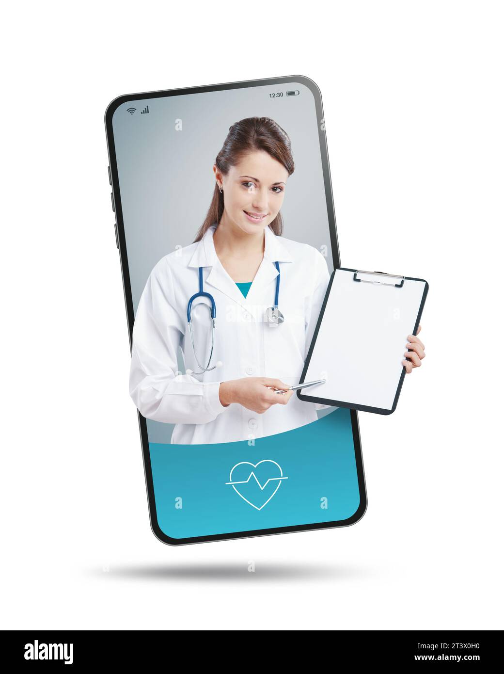 Lächelnde Ärztin auf Smartphone-Bildschirm verschreibt ein Rezept: Online-Arzt-Video-Konsiliarkonzept Stockfoto