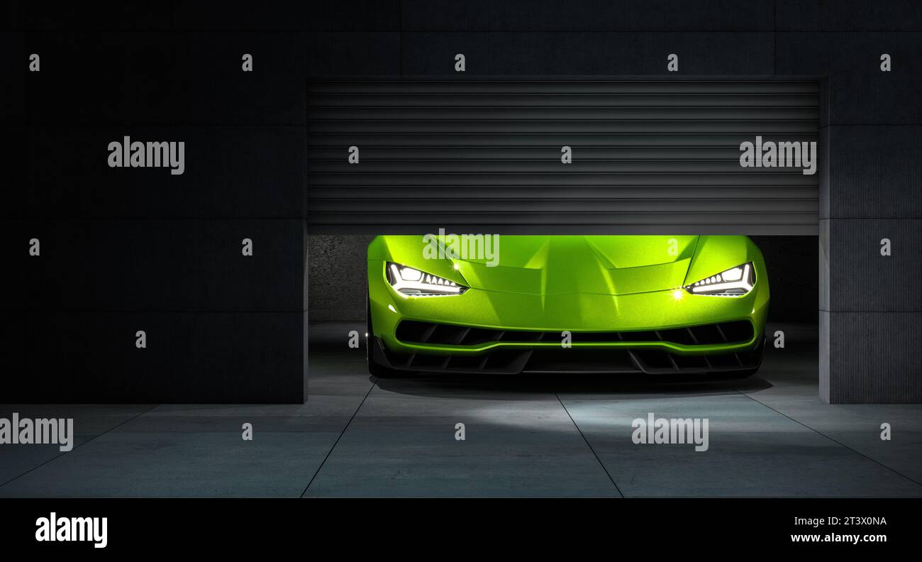 Sportwagen in einer modernen Garage. 3D-Rendering Stockfoto