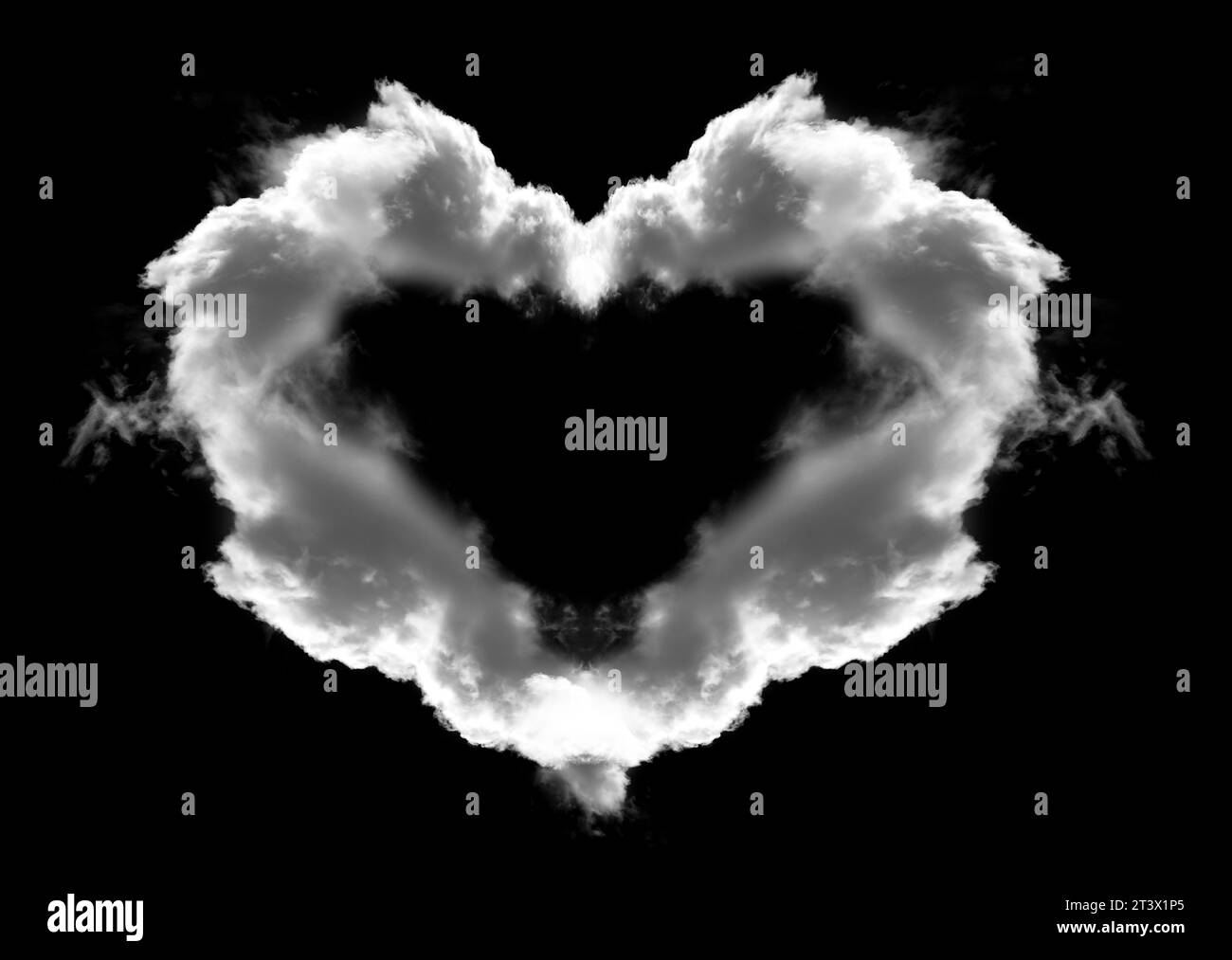 Herzförmige Wolke mit Flügeln isoliert auf schwarzem Hintergrund Stockfoto