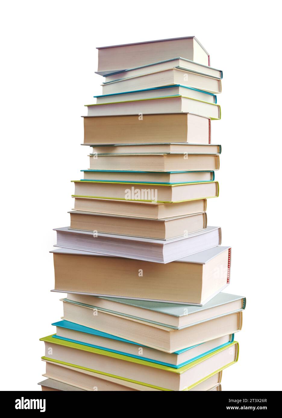 Viele gestapelte Bücher auf blauem Hintergrund, Lern- und Lesekonzept Stockfoto