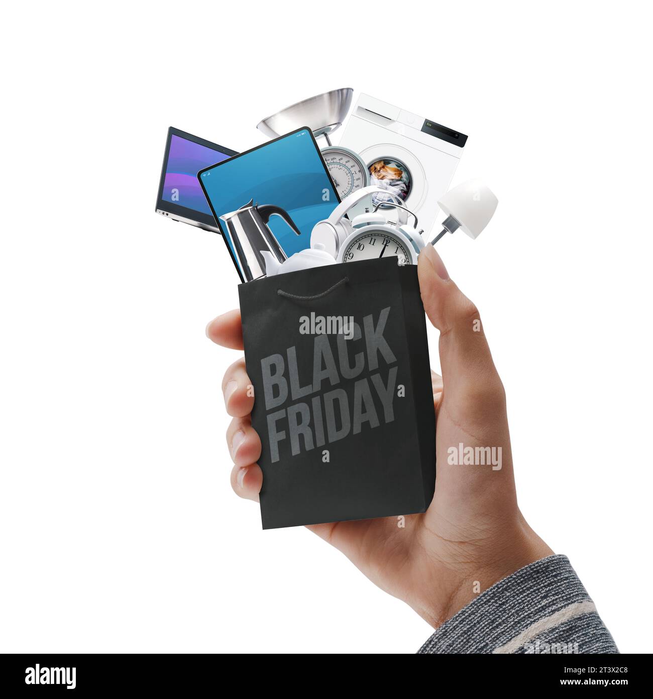 Kunde mit einer kleinen Einkaufstasche voller Black Friday-Angebote Stockfoto