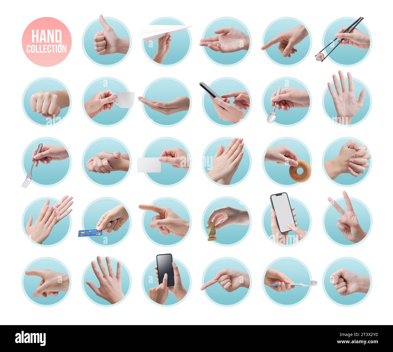 Weibliche Hände in verschiedenen Stellungen und mit verschiedenen Gegenständen, Symbolsatz Stockfoto