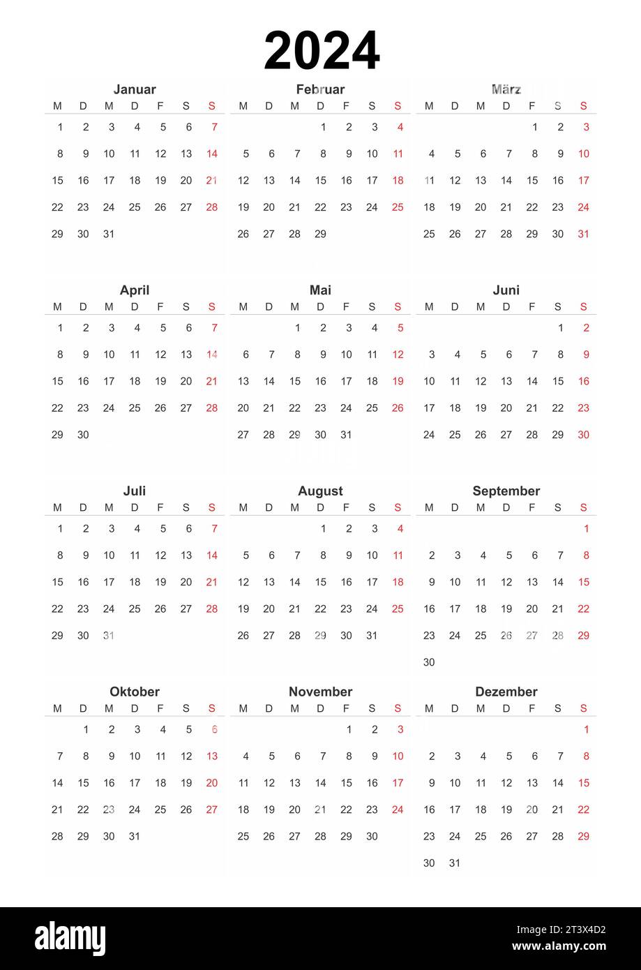 Kalender Deutsch 2024, einfaches Gestaltungselement für Organisatoren, Planer, Tagebuch, Agenda Stockfoto