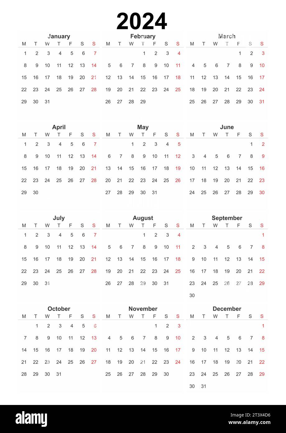 Calendar english 2024, einfaches Designelement für Organisatoren, Planer, Tagebuch, Agenda Stockfoto