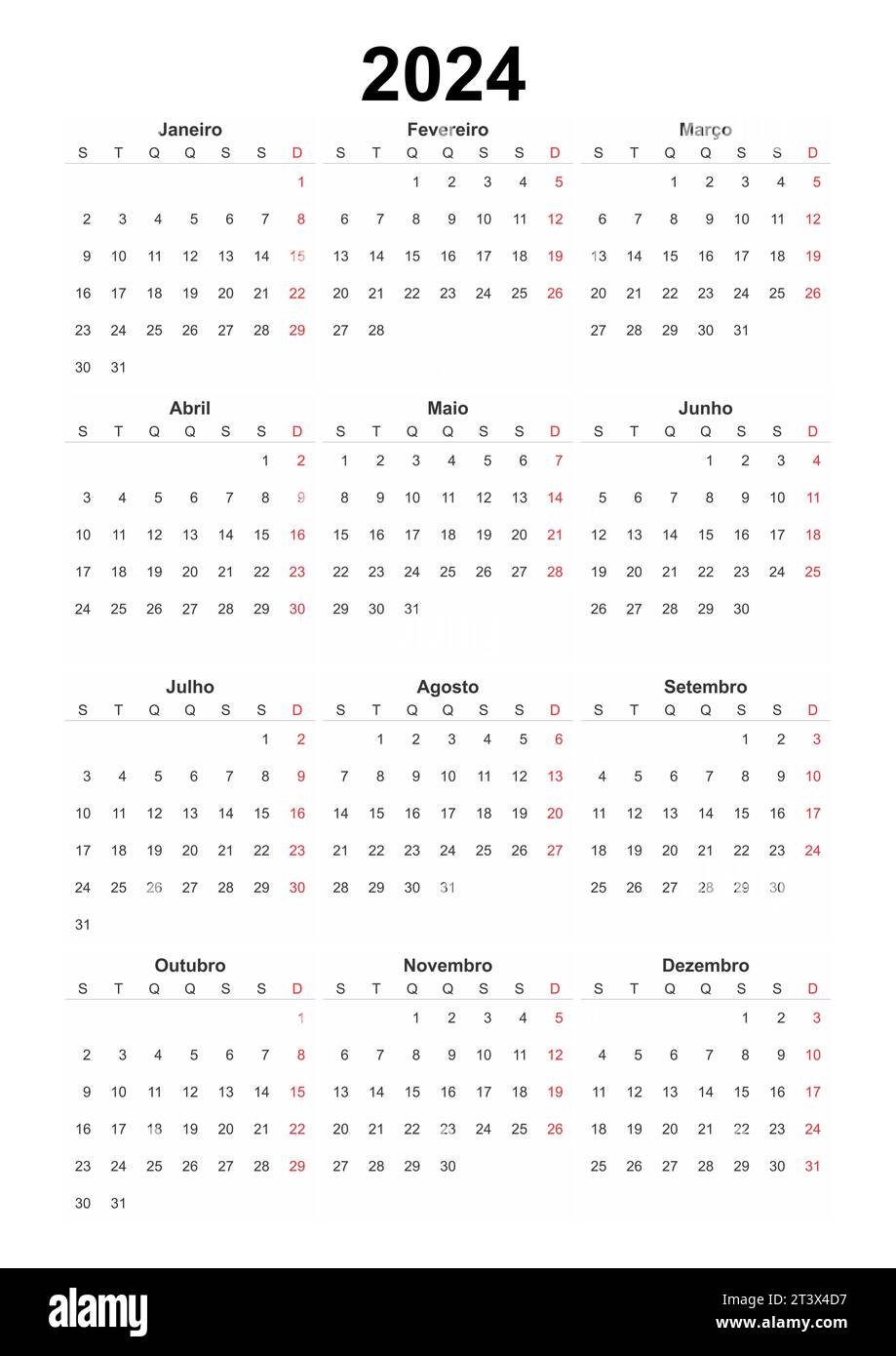 Kalender Portugiesisch 2024, einfaches Designelement für Organisatoren, Planer, Tagebuch, Agenda Stockfoto