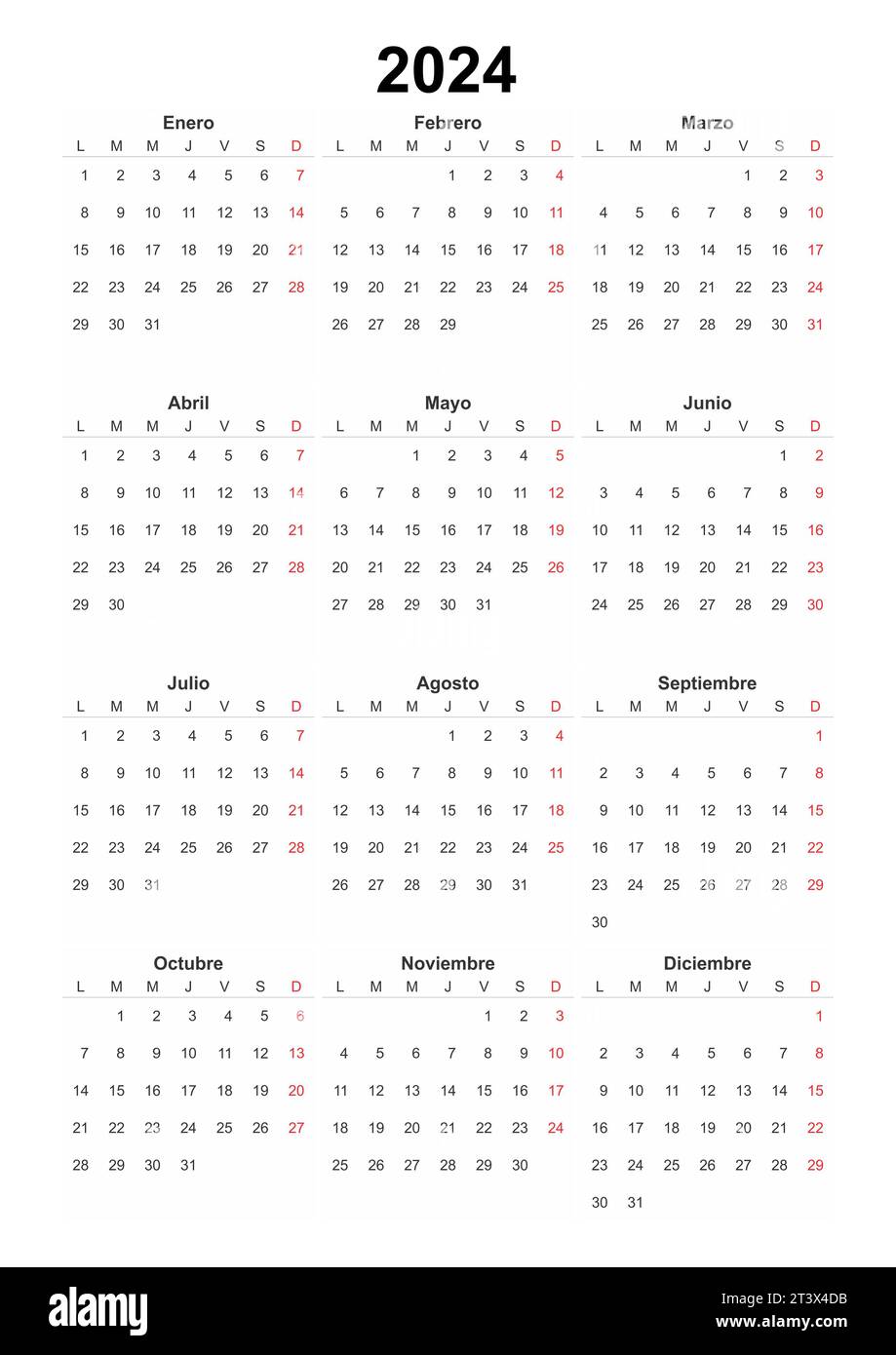 Kalender spanisch 2024, einfaches Designelement für Organisatoren, Planer, Tagebuch, Agenda Stockfoto