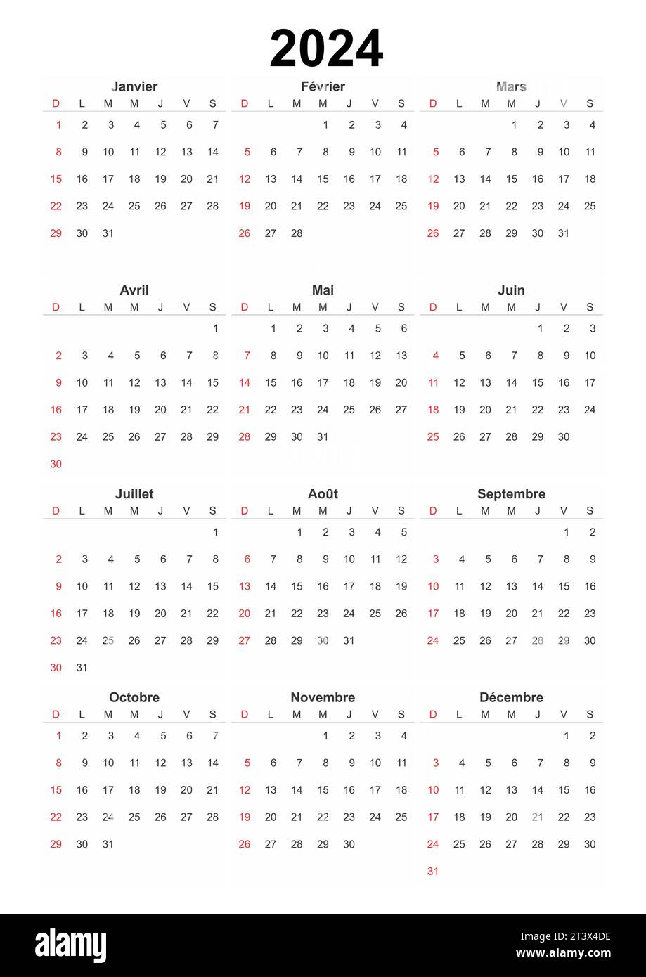 Kalender Französisch 2024, einfaches Designelement für Organisatoren, Planer, Tagebuch, Agenda Stockfoto