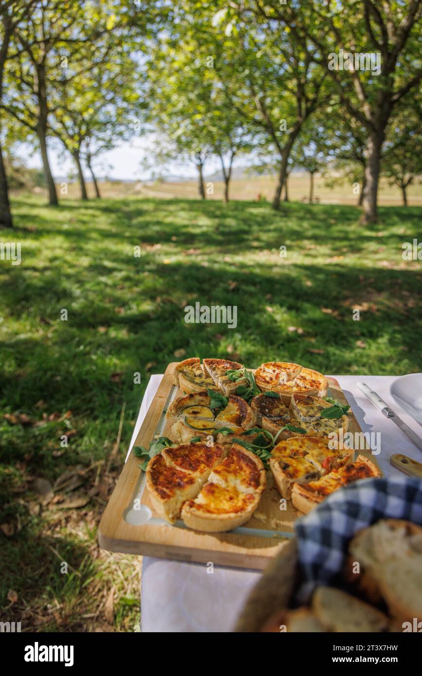 Quiches bei einem Picknick im Freien in Burgund, Frankreich. Stockfoto